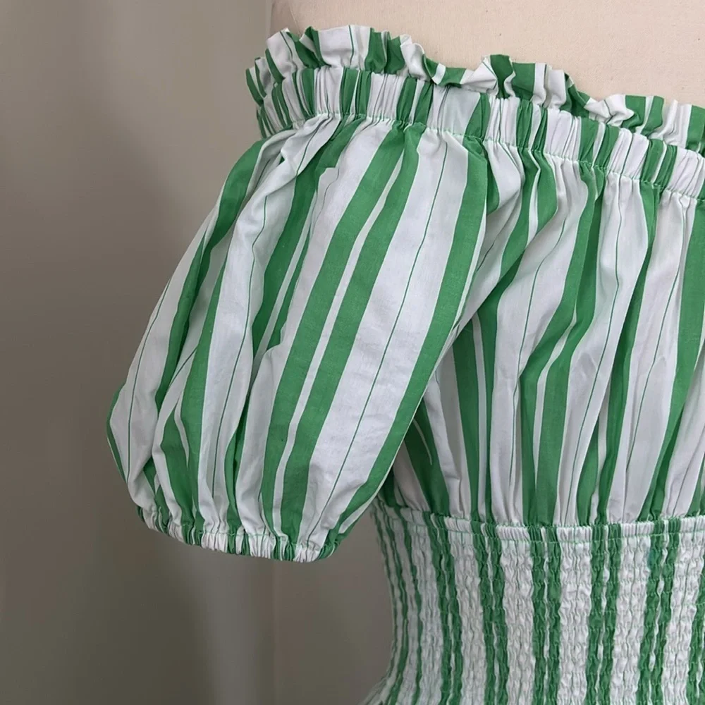 eShakti Wayward Fancies Off-theshoulder Stripe Cotton Poplin Smocked Waist Dress - Picture 4 of 11